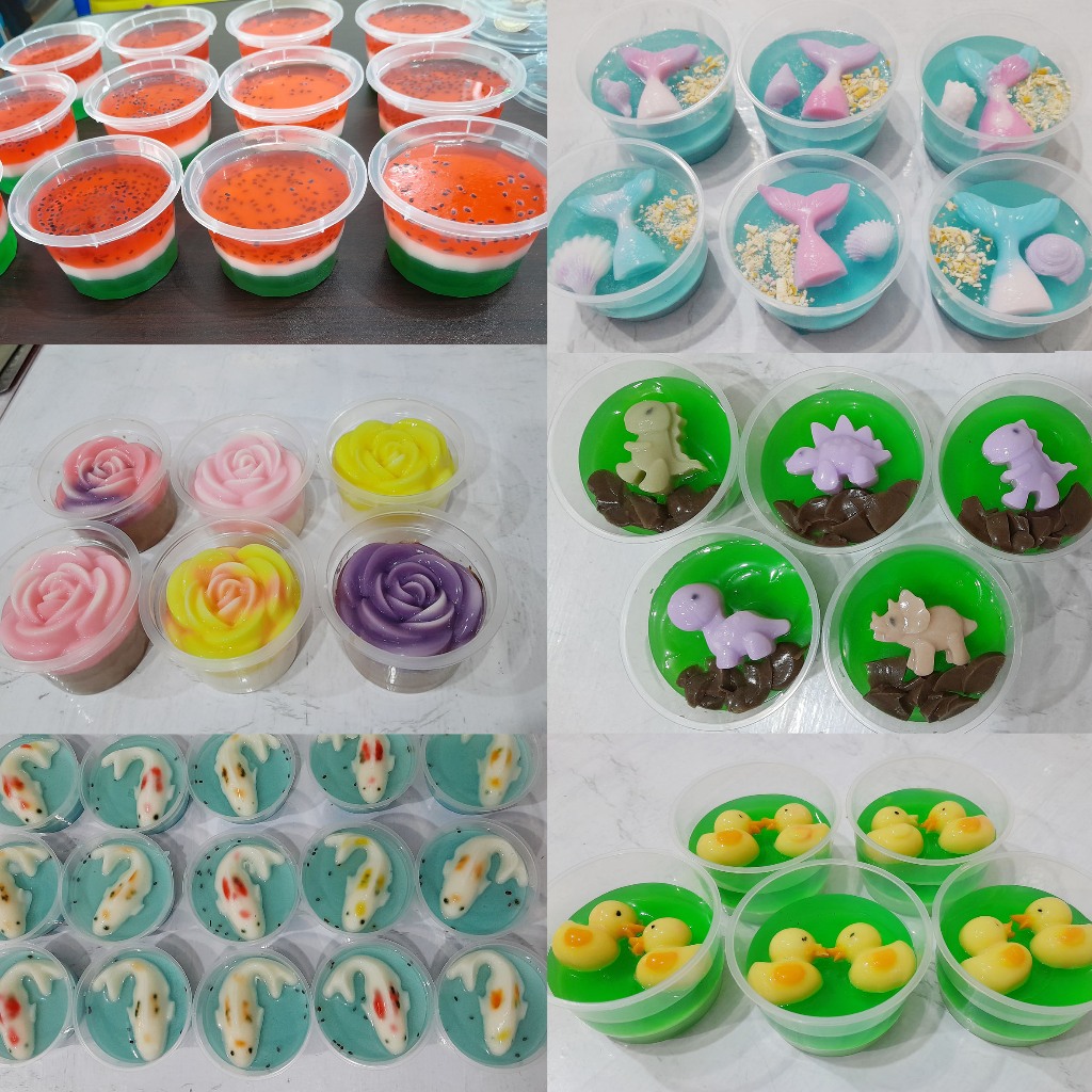 

Puding cup karater ikan, dino, semangka, bunga,bebek ,mermaid, kitty , kelinci