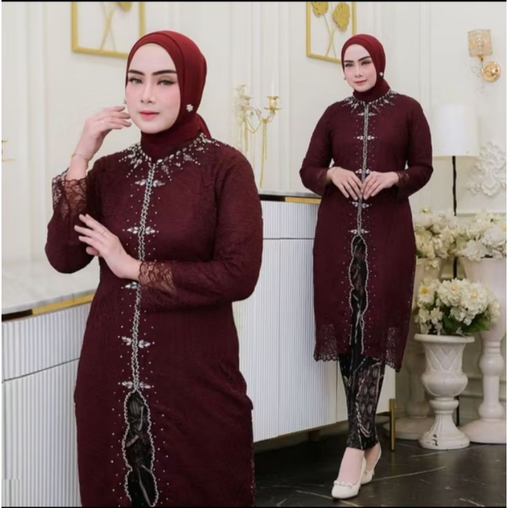 (FREE HIJAB) Kebaya Kurung Sabrina 2026 Bahan Brokat Elegan Payet Cantik Dengan Rok Batik Plisket An