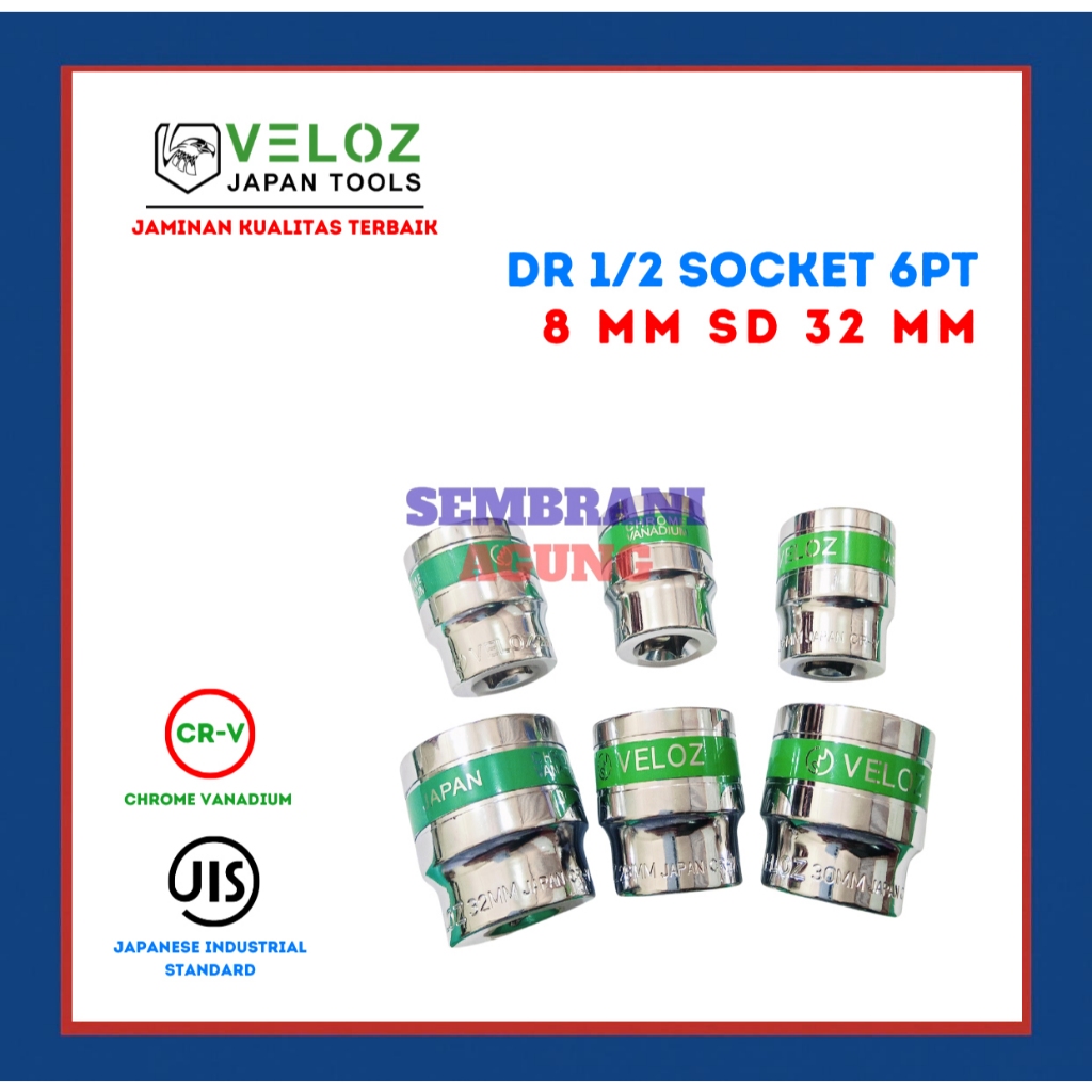 VELOZ MATA KUNCI SOCK/SOK 8/10/12/14/17/19/22/24 DRAT 1/2 SOCKET 6 PT  ECERAN JAPAN INDUSTRIAL STAND