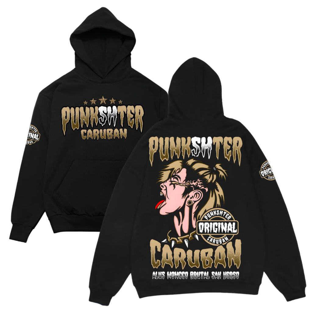 Promo Hoodie Punkshter Caruban Bahan Cotton Fleece Tebal Murah Dan Halus Warna Hitam