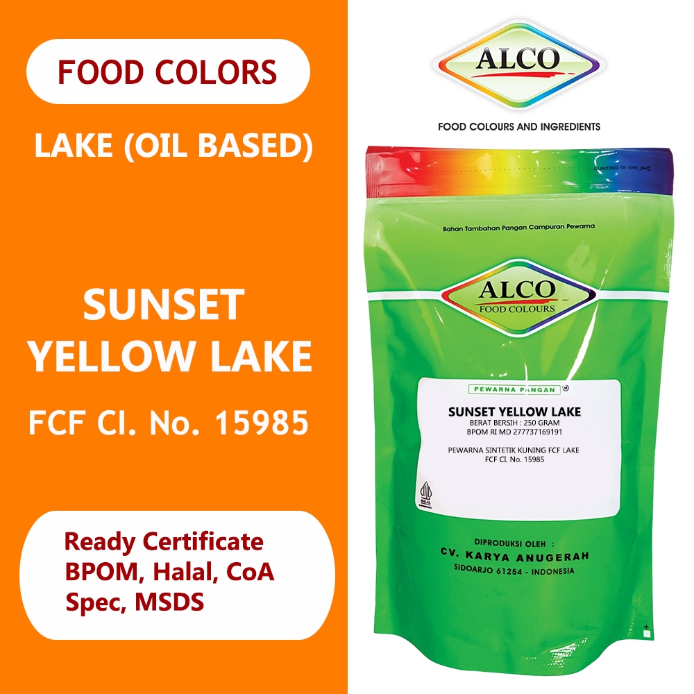 

Pewarna Makanan Minuman Kue Bubuk SUNSET YELLOW LAKE FCF CI 15985 ORANYE Oil Base Based Soluble ALCO 250 gr Single Colour