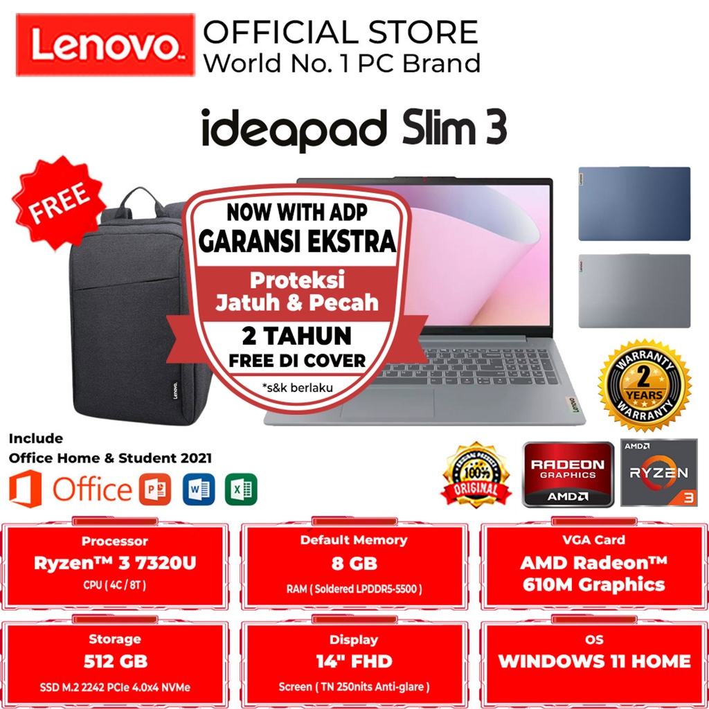 LENOVO IDEAPAD SLIM 3 14AMN8 C4ID C5ID AMD RYZEN 3-7320U 8GB 512GB WIN 11 HOME + OFFICE HOME 2024