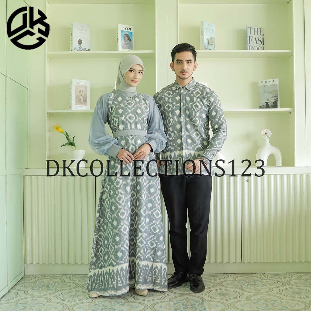 Set couple syahira grey kemeja pria dan dress wanita, gamis kondangan ethnic, couple baju kondangan,