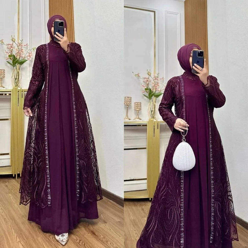 Alina Dress Gamis Brokat Terbaru Tren 2025 Aplikasi Swarovski Import Premium Jumbo Lebaran Viral Tik