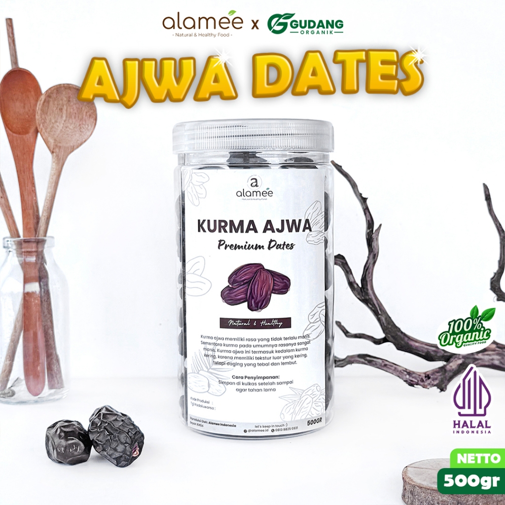 

ALAMEE Kurma Ajwa Madinah Super Grade A Crown Dates Manis Lembut Nabi Asli 500g gudang organik