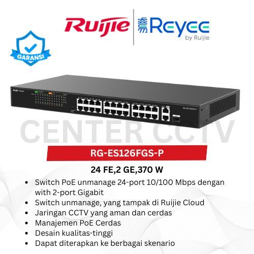 RG-ES126FGS-P Ruijie, 24-Port 10/100 Mbps with 2-Port Gigabit Unmanaged PoE Switch