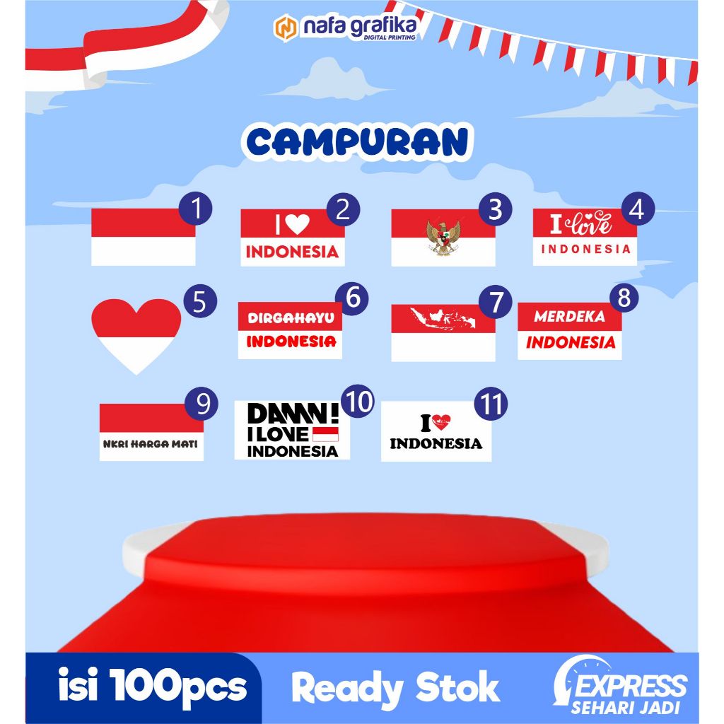 

Louay_Idstore (Isi 100Pcs) Sticker Pipi Bendera Merah Putih Agustusan Kemerdekaan Pancasila Stiker