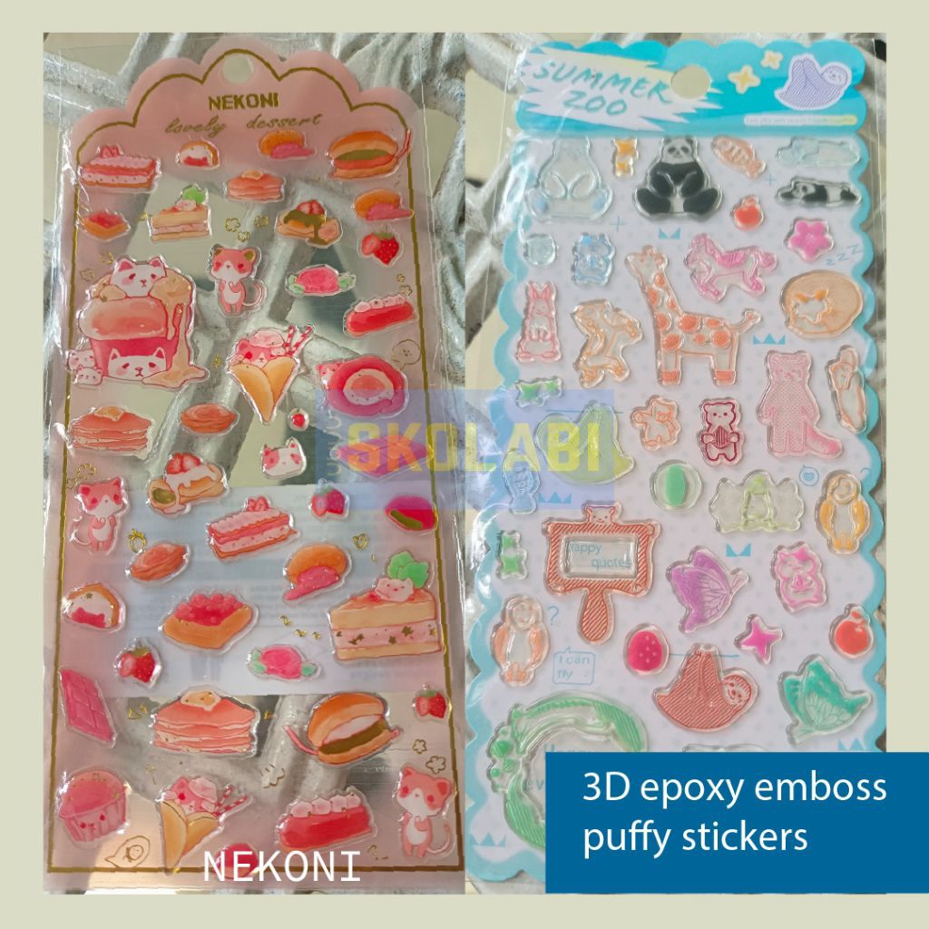 

Sticker KKV 3D Emboss Epoxy puffy NEKONI Cat dessert dan Summer Zoo kucing kue hewan panda rubah jerapah stiker timbul kawai