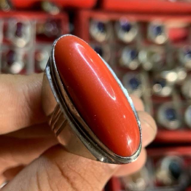 Cincin Batu Pandan Merah Marjan Laut Natural lokal Marjan asli 100%