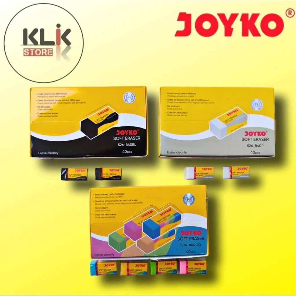 

Penghapus Joyko B40 Putih Hitam Warna / Eraser Joyko White Black Color 526-B40P 526-B40BL 526-B40CO