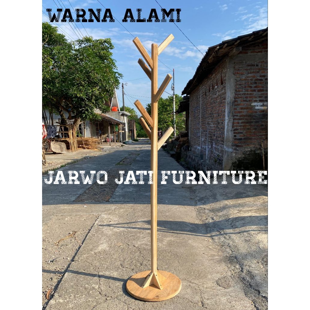 Gantungan baju berdiri Gantungan Topi/Tas/payung/jaket/helm bahan kayu kati solid alas bulat