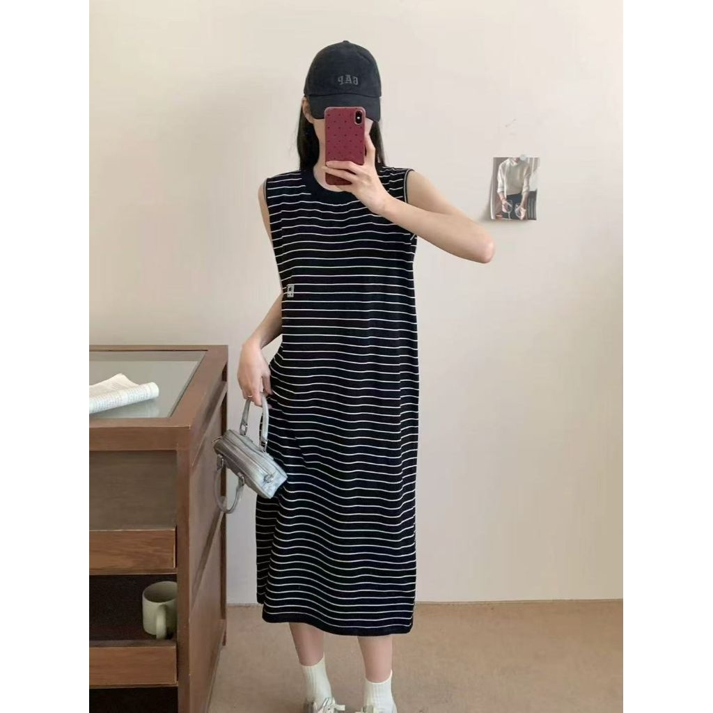 KMB Fashion - Dress Wanita Rajut Premium Import Panjang Garis Tidak Berlengan Murah Jumbo