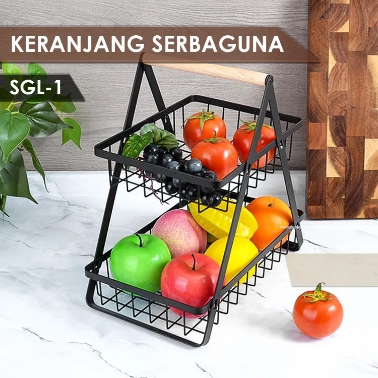 Keranjang Rak Buah - Rak Sayur Buah Estetik - Rak Keranjang Buah 2 Susun - Rak Buah Besi Segitiga