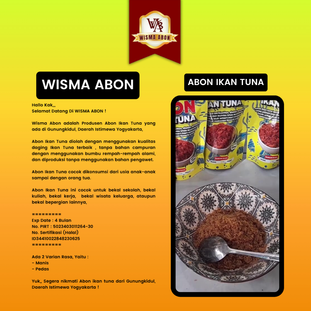 

Abon Ikan Tuna Manis Pedas Tanpa Bahan Pengawet Kemasan Standing Poach 100gr