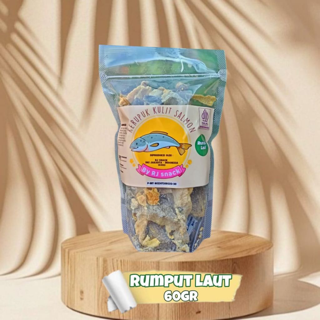 

Kerupuk Kulit Ikan Salmon Rasa Rumput Laut Kemasan Pouch ekonomis 60gr Tanpa Tepung