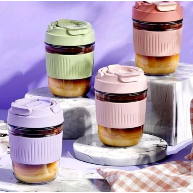 Gelas Tumbler Kaca 350ml Anti Tumpah - Botol Minum