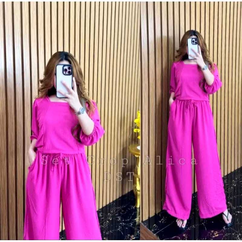 setelan wanita crinkle croptop lengan pendek