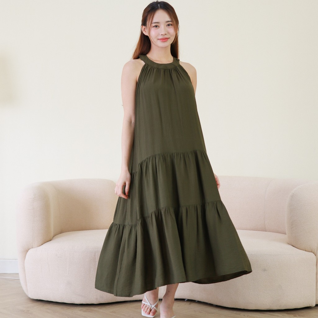 SAMELEVEL Autumn Ribbon Halter Dress Korean Style in Olive Gaun Wanita Panjang warna Hijau