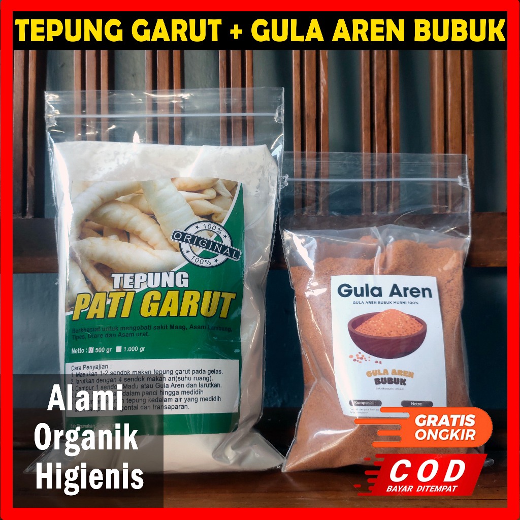 

TEPUNG GARUT 500gram + GULA AREN 250 gram BUBUK PAKET HEMAT TANPA RIBET / PATI GARUT ORGANIK