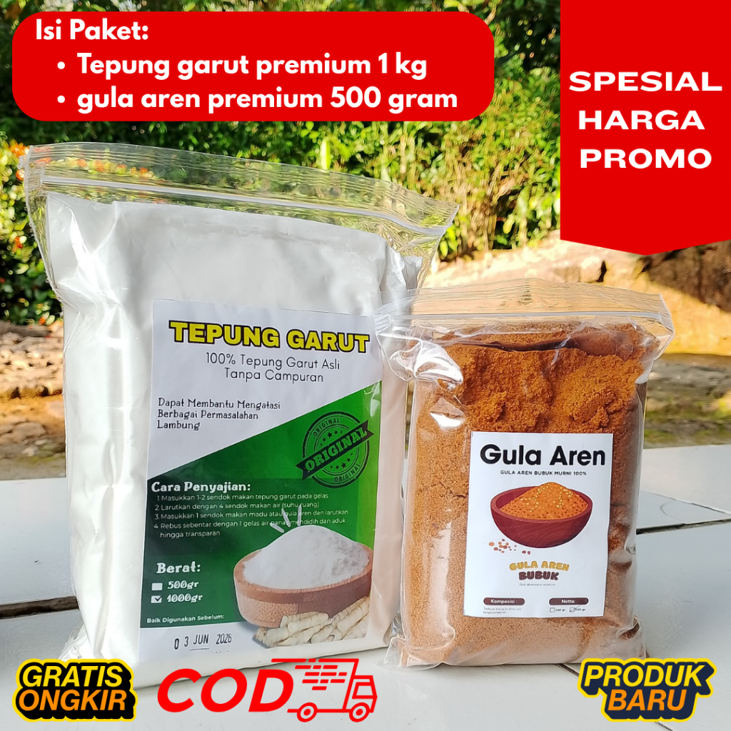 

Paket Premium Gula Aren 500gr dan Tepung Garut 1 kg / Gula Aren Bubuk/ Tepung Angkrik