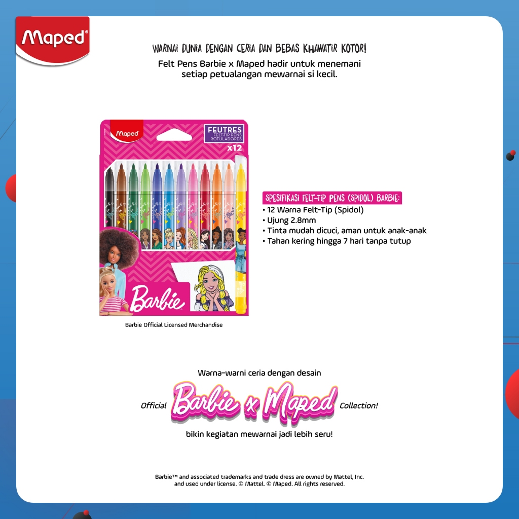 

Maped Felt Pens Spidol Warna BARBIE isi 12 warna - CARDBOARD BOX