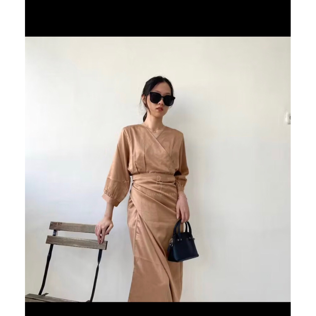 One Set Rok Lilit Satin + Kimono Blouse / Set Satin Wrap Skirt Kondangan / Oneset Satin Modern Elega