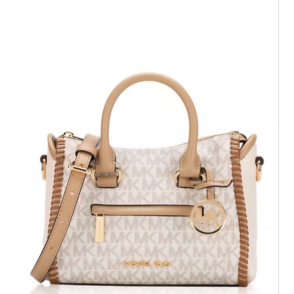 Mk Carine Xs top zip satchel crossbody bag monogram light cream