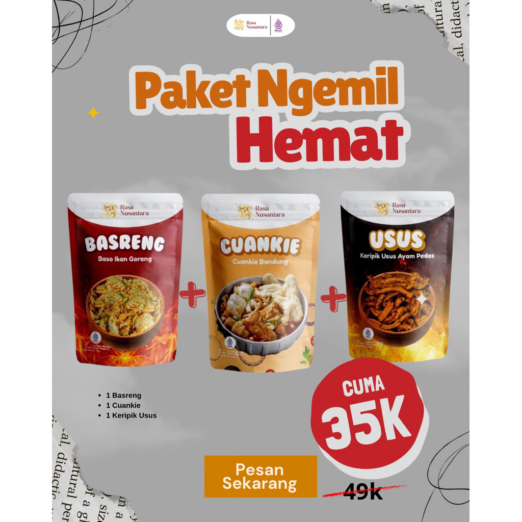

Paket Ngemil Hemat | Rasa Nusantara Snack | Basreng, Cuankie, Keripik Usus Ayam Pedas