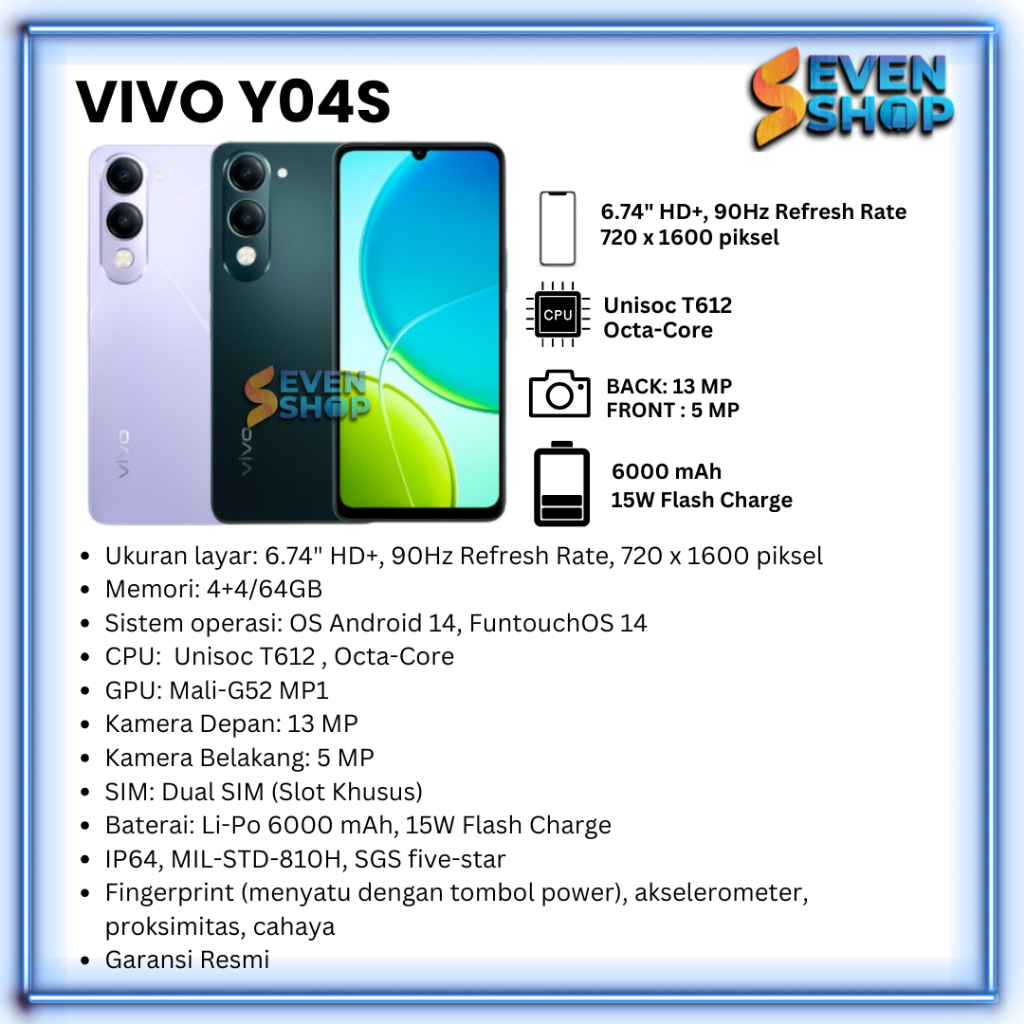 VIVO Y04S RAM 4+4/64GB 4+4/128GB GARANSI RESMI 12 BULAN