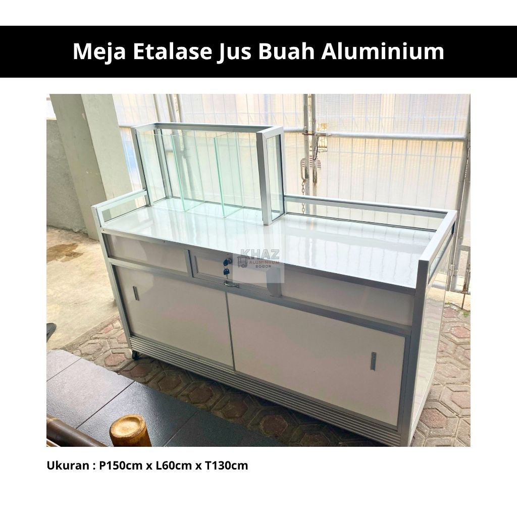 Meja Etalase Jus Buah Aluminium + Roda | Full ACP 3mm | Ukuran 150x60x130 cm Dagang Jus
