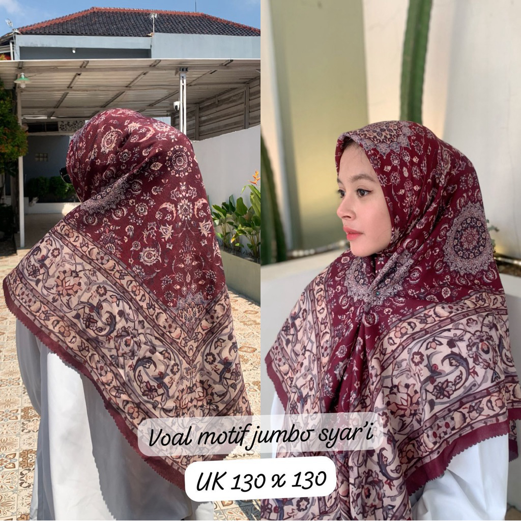 HIJAB SEGIEMPAT VOAL Syar’i motif JUMBO UK 130x130 exlusif custome by Afrahijab