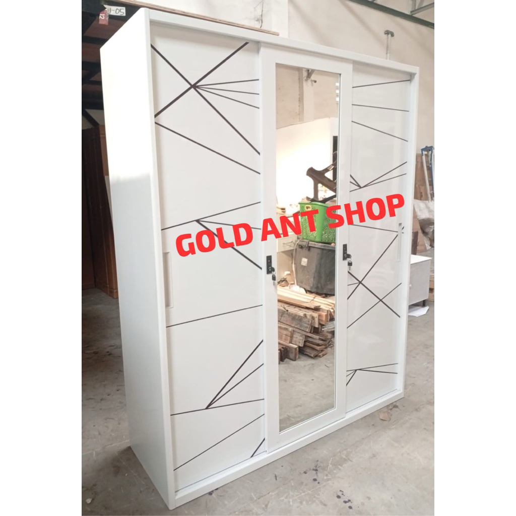 Lemari Pakaian Baju Sliding Besi Jumbo 3 Pintu 150 Kaca / Lemari Besi 3 Pintu Gamis/ Lemari Sliding 