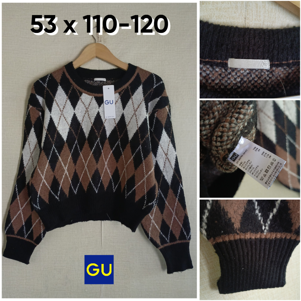 Sweater Rajut GU by UNI Argyle Earth Tone Motif Ketupat Size XL Wanita Tebal Ringan ZX901