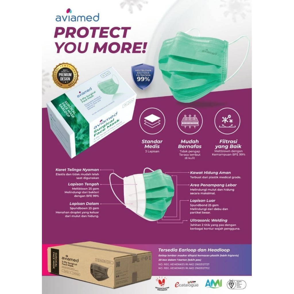 AVIAMED Masker Medis Headloop 3ply Premium standar Kemenkes