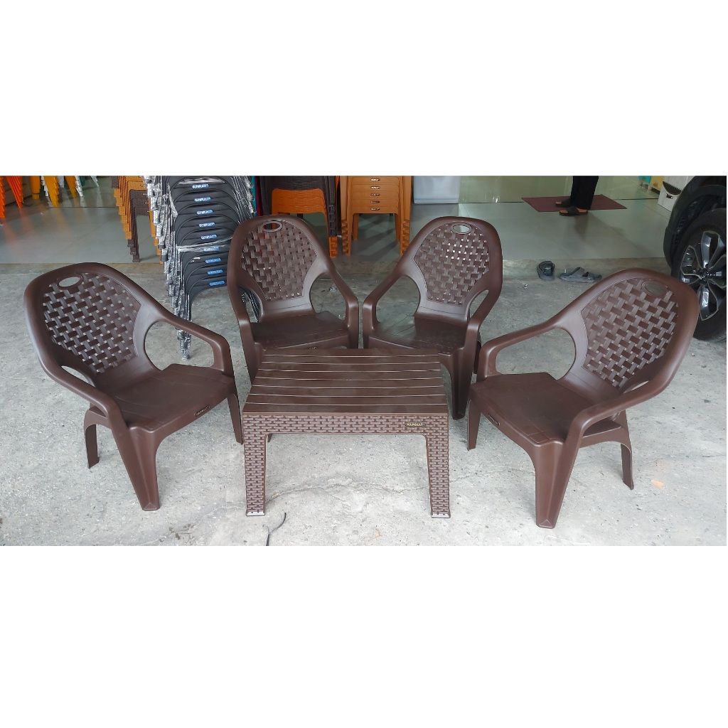 Kursi Meja Plastik NAPOLLY Set Motif Rotan / Kursi Meja Teras / Kursi Meja Jualan