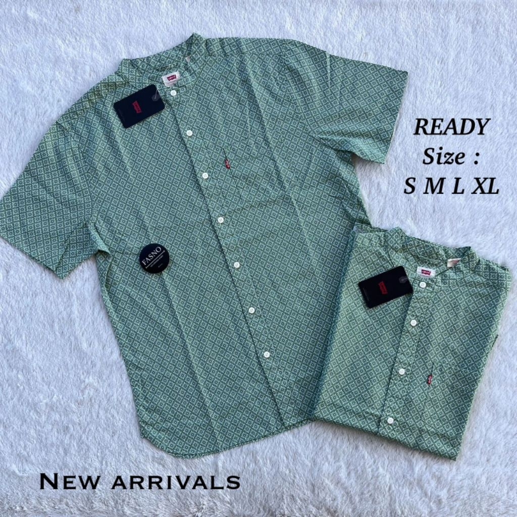 [NEW & ORIGINAL]  LV'S Mandarin SS Shirt 1 Pocket, Classy Pattern Print.Color : Sage Green
