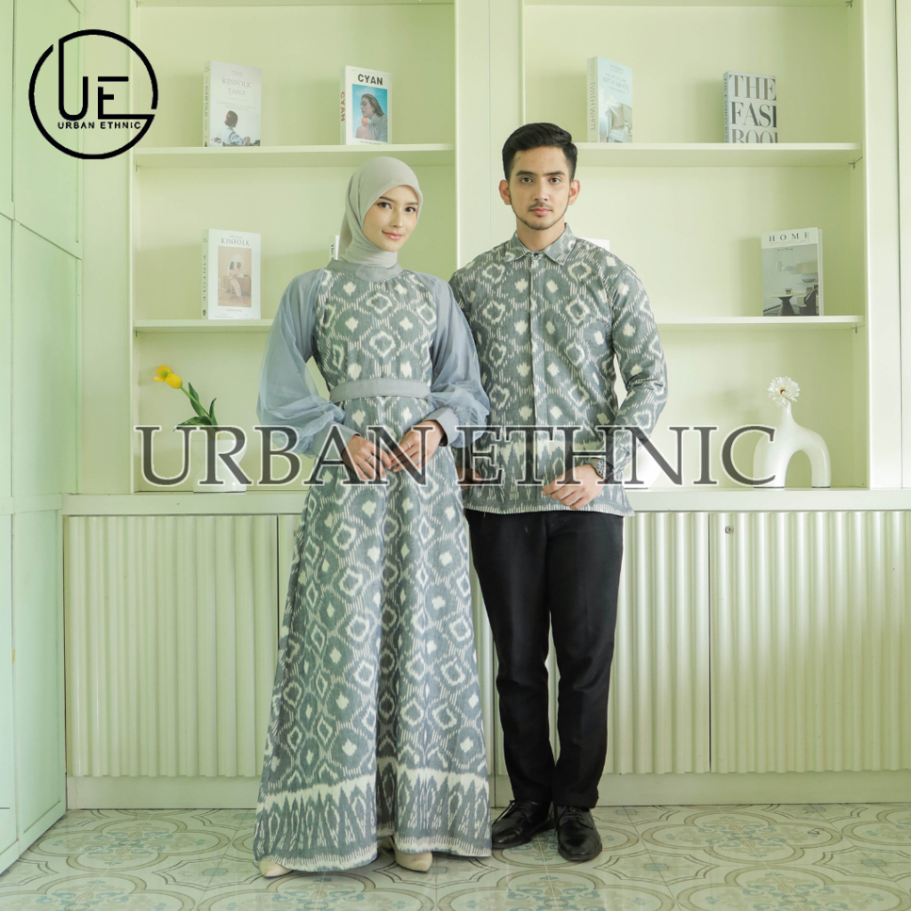Set couple syahira grey kemeja pria dan dress wanita, gamis kondangan ethnic, couple baju kondangan,