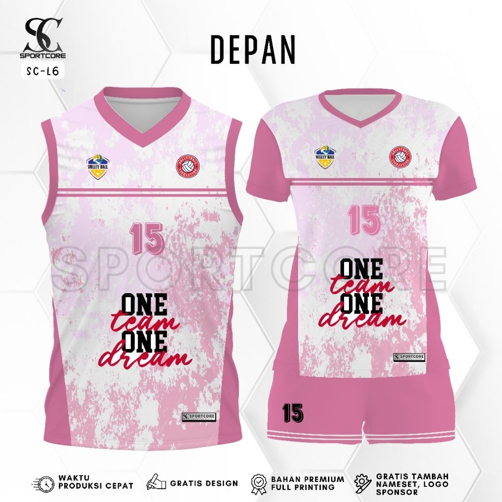 Jersey Voli Cewek Fullprinting Custom Nama Pink Corak