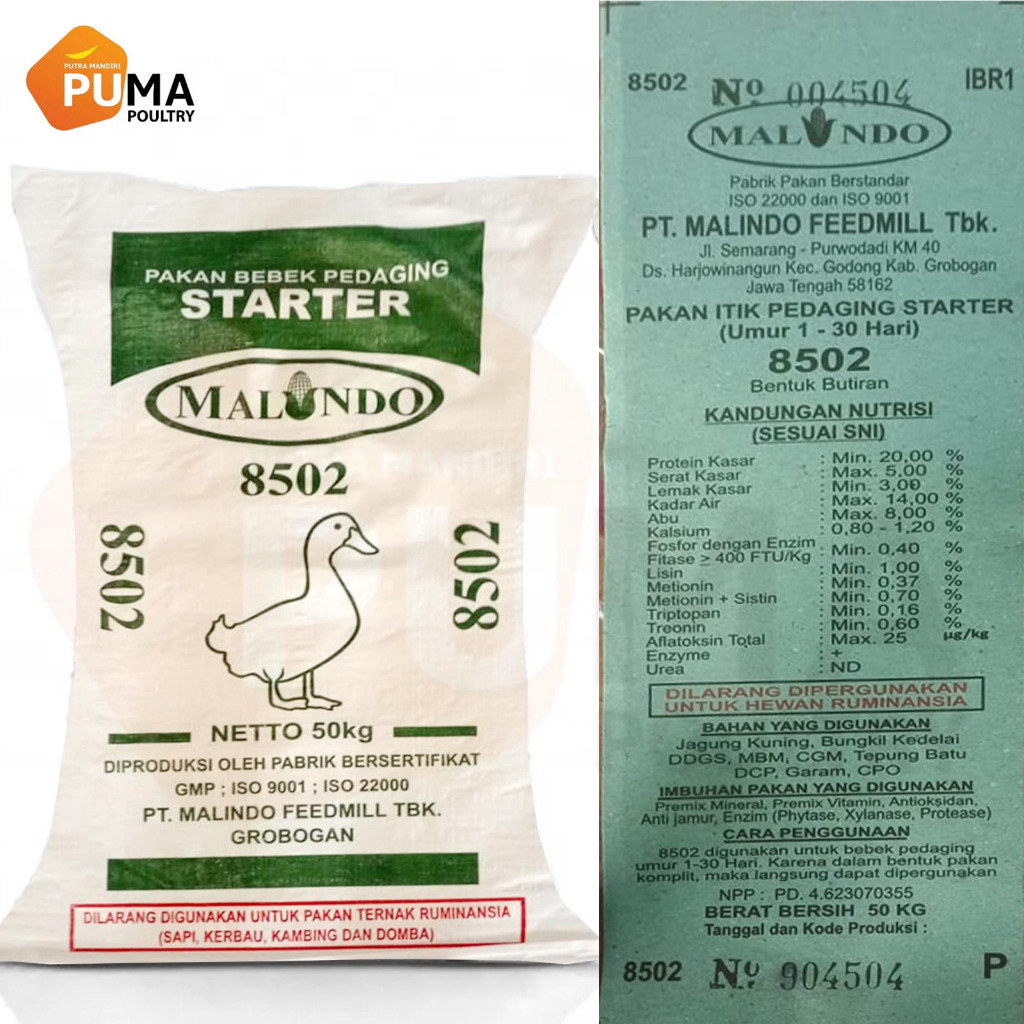 pakan bebek pedaging starter malindo 8502 1sak isi 50kg