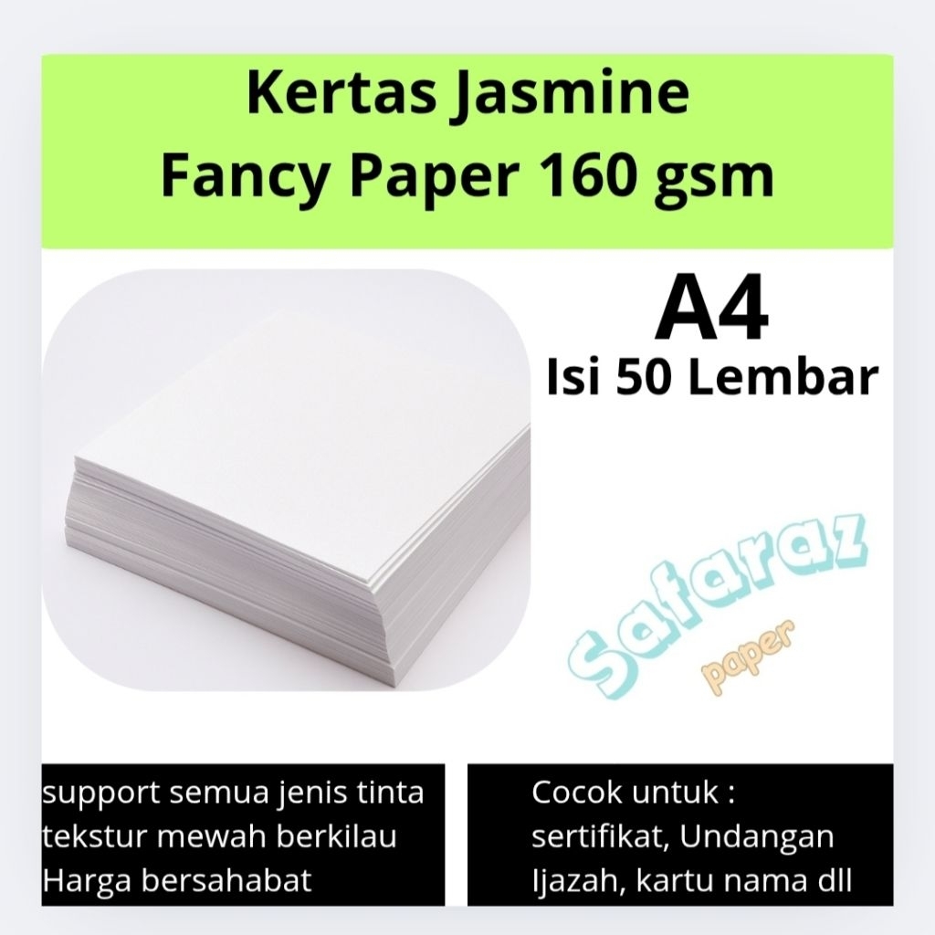 

Kertas Jasmine Premium 160 GSM Isi 50 Lembar | Putih Mengkilap — Cocok Untuk Undangan, Sertifikat