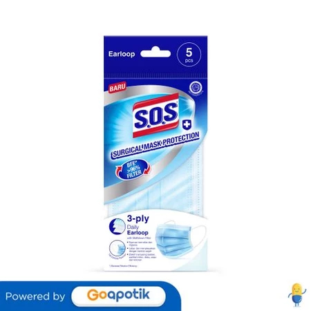 SOS 3ply Surgical Mask Protect Earloop Biru Pack 5 Pcs