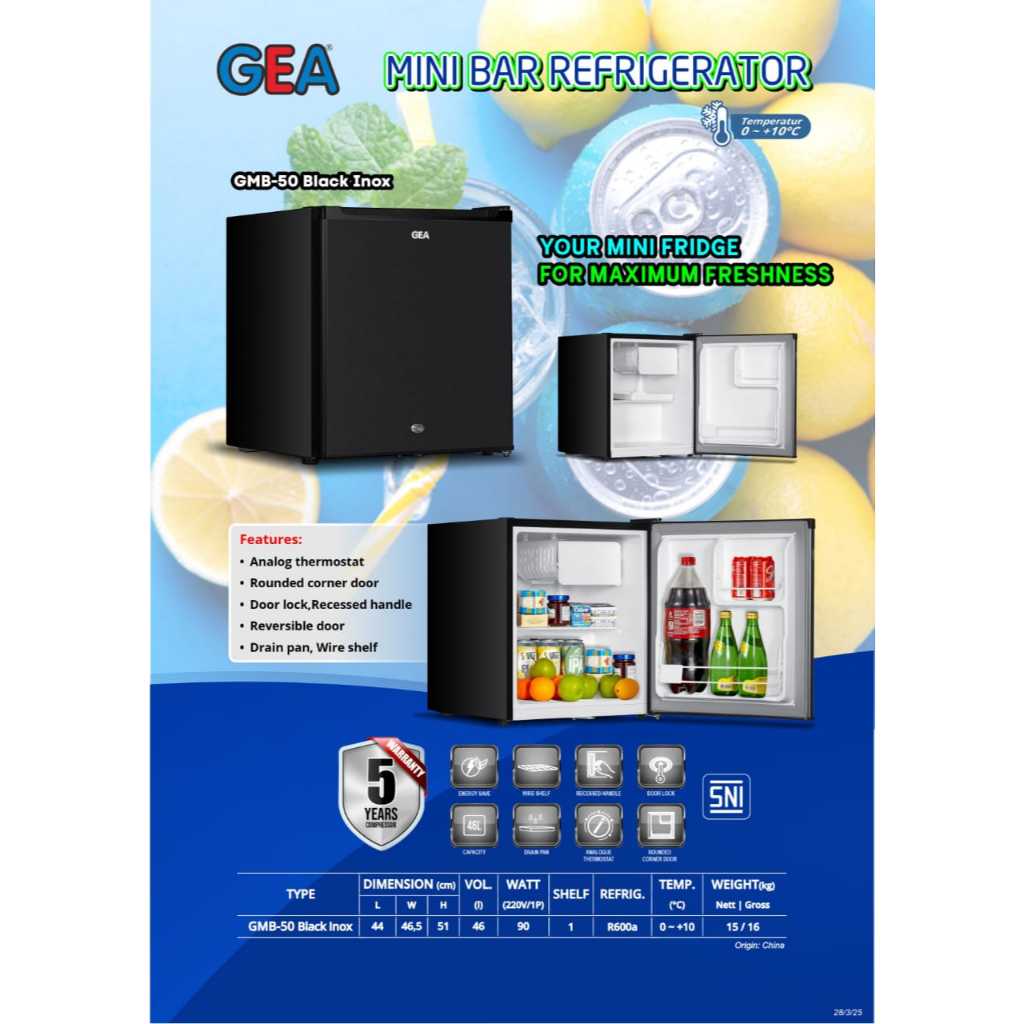 GEA  GMB50 Kulkas mini bar portable  dengan freezer lemari es GMB-50 garansi resmi