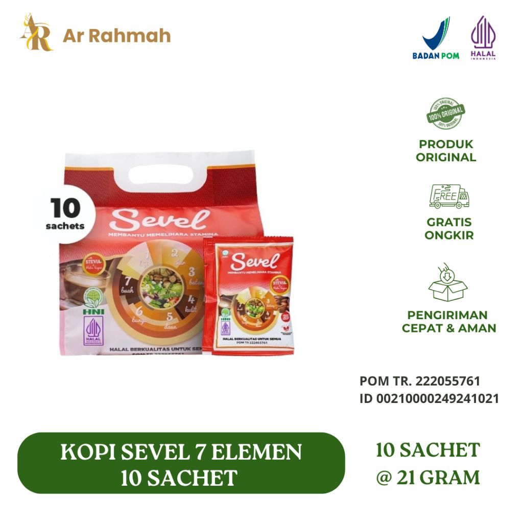 

Ar Rahmah | Kopi Sevel 7 Elemen HNI 10 Sachet – Herbal Nikmat & Sehat