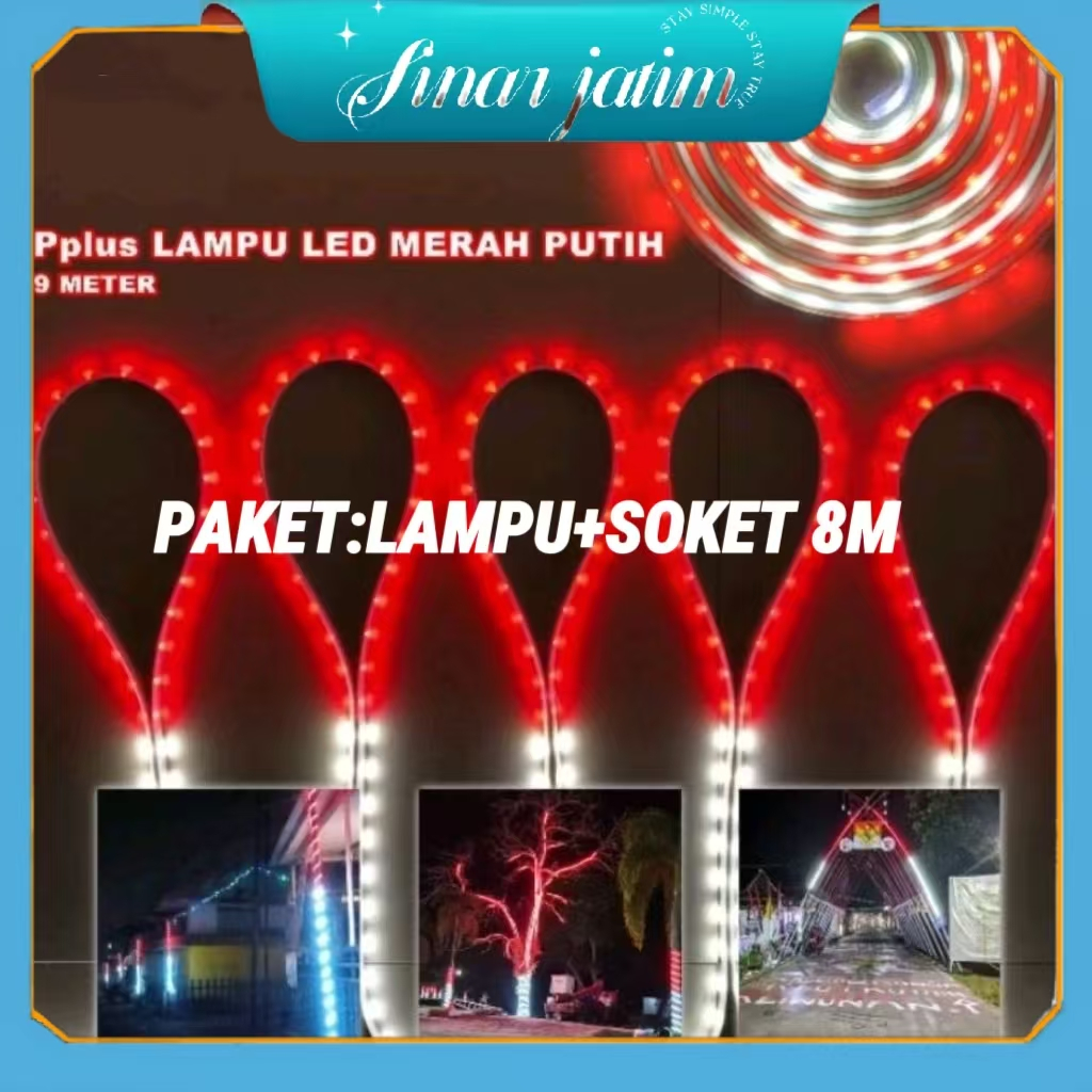 Lampu LED Strip Selang Merah Putih 3528 2835 220V + Adaptor Outdoor LED Strip Agustus Lampu Hias