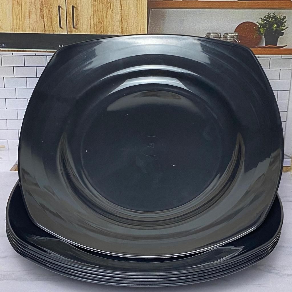 (12 pcs) Piring Plastik Segi Warna Hitam | Piring Kotak 22 cm | Piring Plastik Anti Pecah