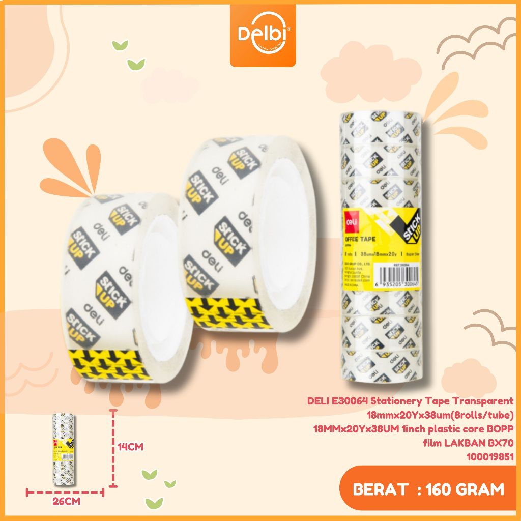 

DELI E30064 Stationery Tape Transparent 18mmx20Yx38um(8rolls/tube) 18MMx20Yx38UM 1inch plastic core BOPP film LAKBAN