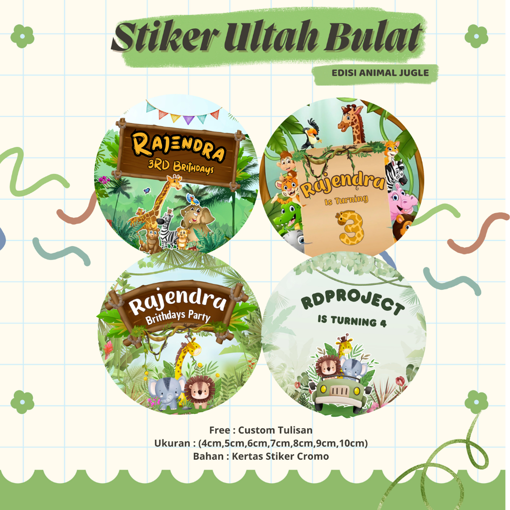 

(60pcs) Stiker Ulang Tahun Anak Custom I Stiker Ulang Tahun Animal Jugle I Stiker Ultah Bulat Hampers Bento