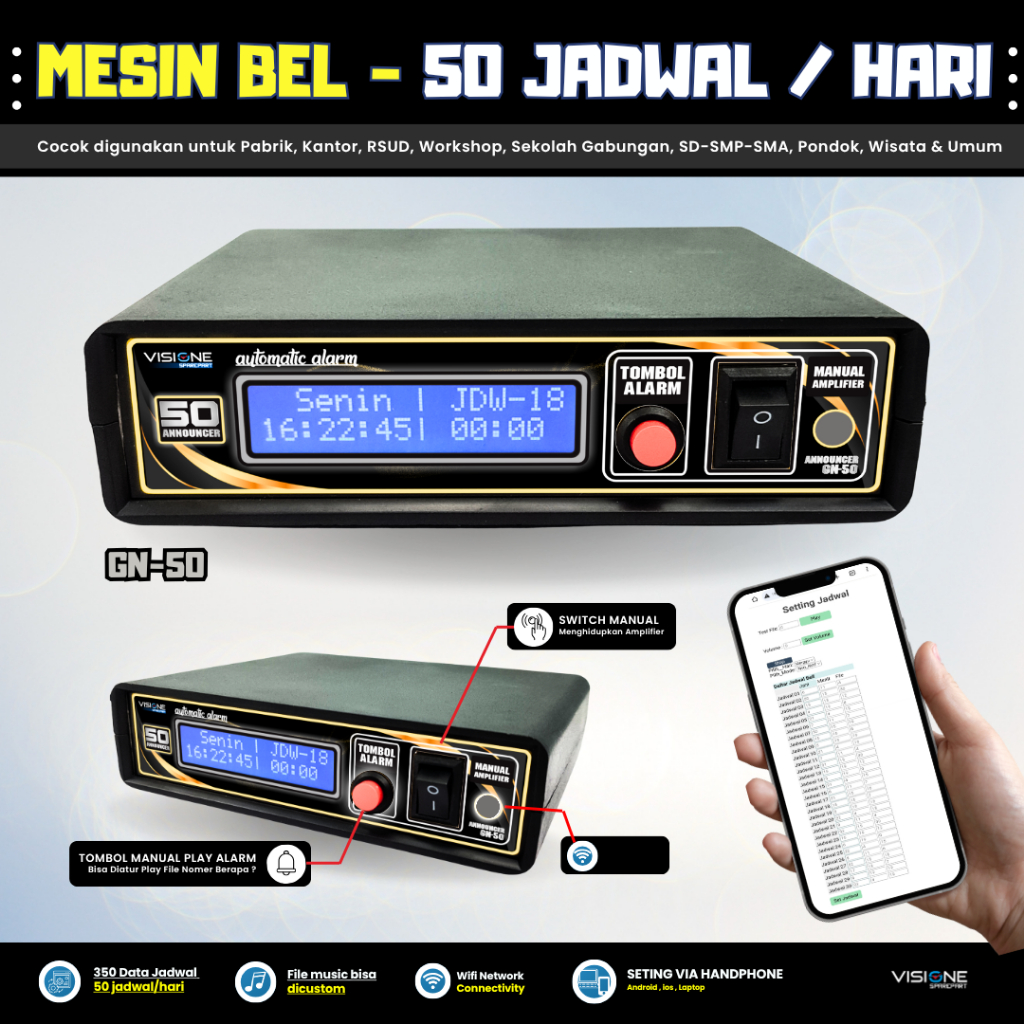 Bel Kantor Otomatis Bel Pabrik Bel Sekolah Otomatis & Manual Wifi MP3 Otomatis Alarm MP3 Visione
