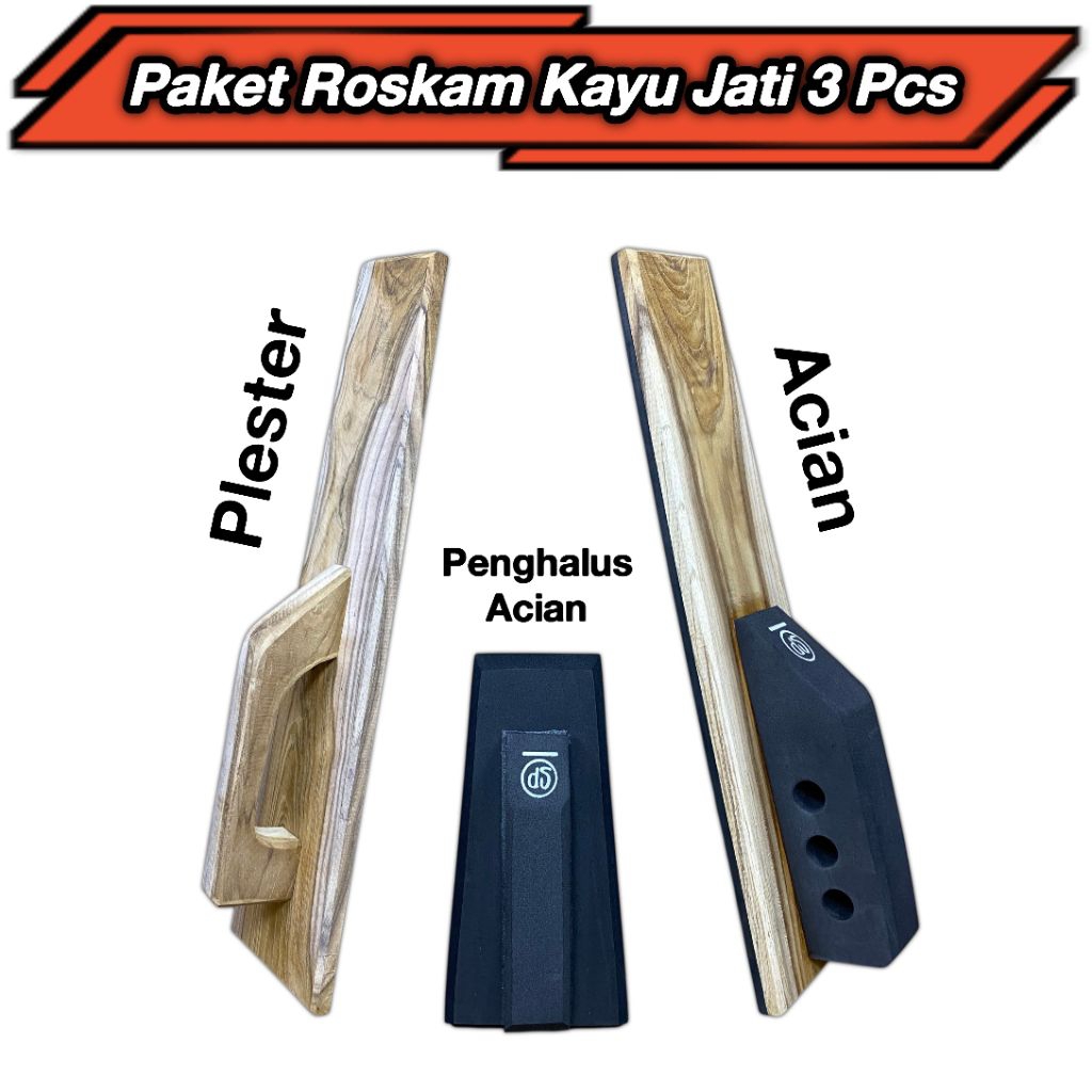 Paket Roskam Kayu Jati 3 Pcs, Kayu Jati Acian, Kayu Jati Plester, Karet Penghalus Acian, Berkualitas