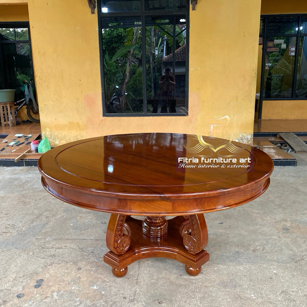 MEJA MAKAN BUNDAR KAYU JATI UKIR MODERN, MEJA MAKAN UKIR KAYU JATI BERKUALITAS